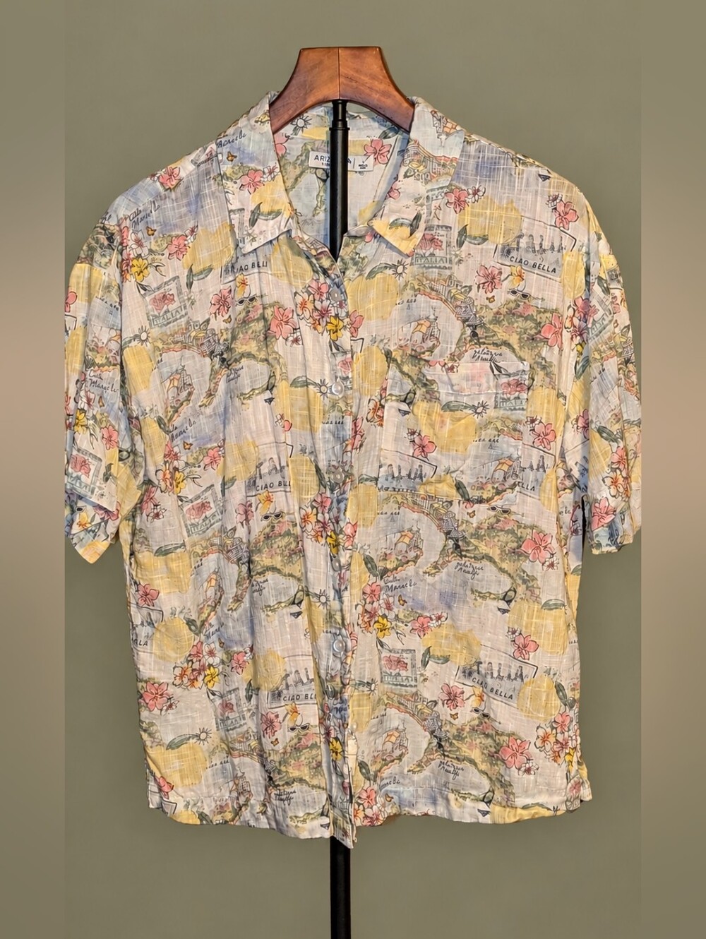 Arizona Jean Co Italy Lemon Floral Scenic Print Button Up Shirt Large